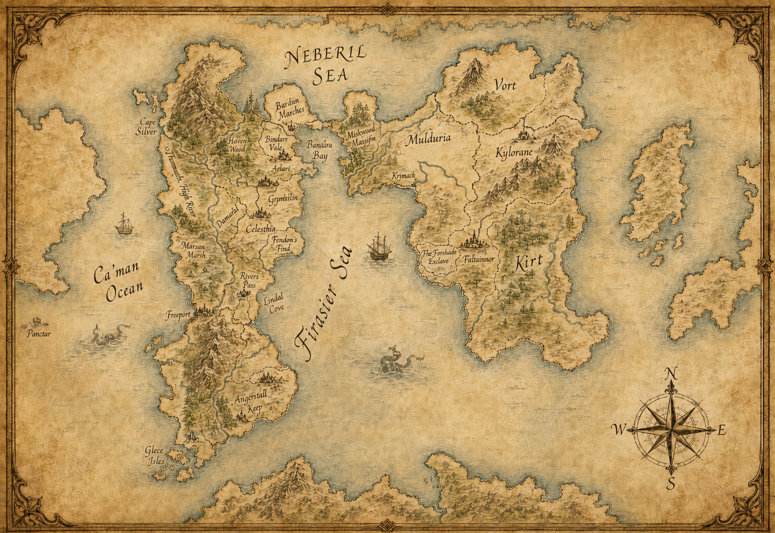 Illustrated map of the world of Dragon's Eggs and Spirit Stones, based on the hand-drawn map by Deborah Burks